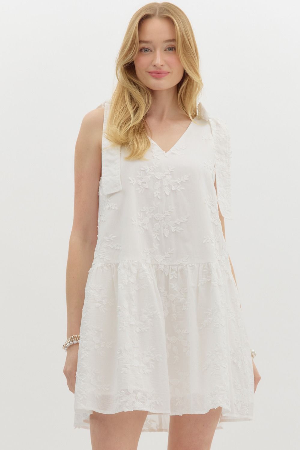 3D Floral Applique Mini Dress W/Tie Straps - Entro - Lush Lemon White / S 3D Floral Applique Mini Dress W/Tie Straps - Entro - Lush Lemon White / S