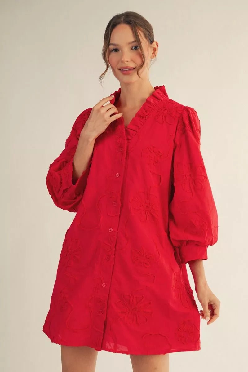 3D Floral Textured Puff Sleeve Dress - Jodifl