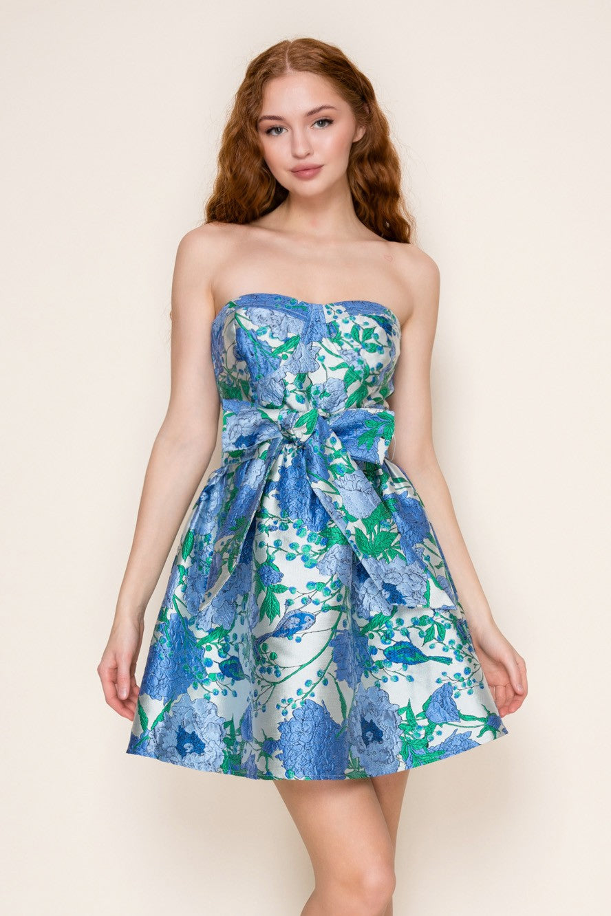 Spring Garden Tube Mini Dress W/ Waist Bow - B.Right Apparel - Lush Lemon Blue/Off White / M