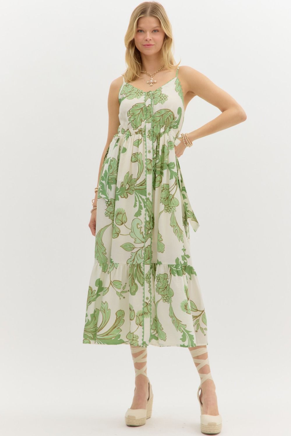 Botanical Tiered Midi Dress w/Adjustable Straps - Entro - Lush Lemon Olive / S
