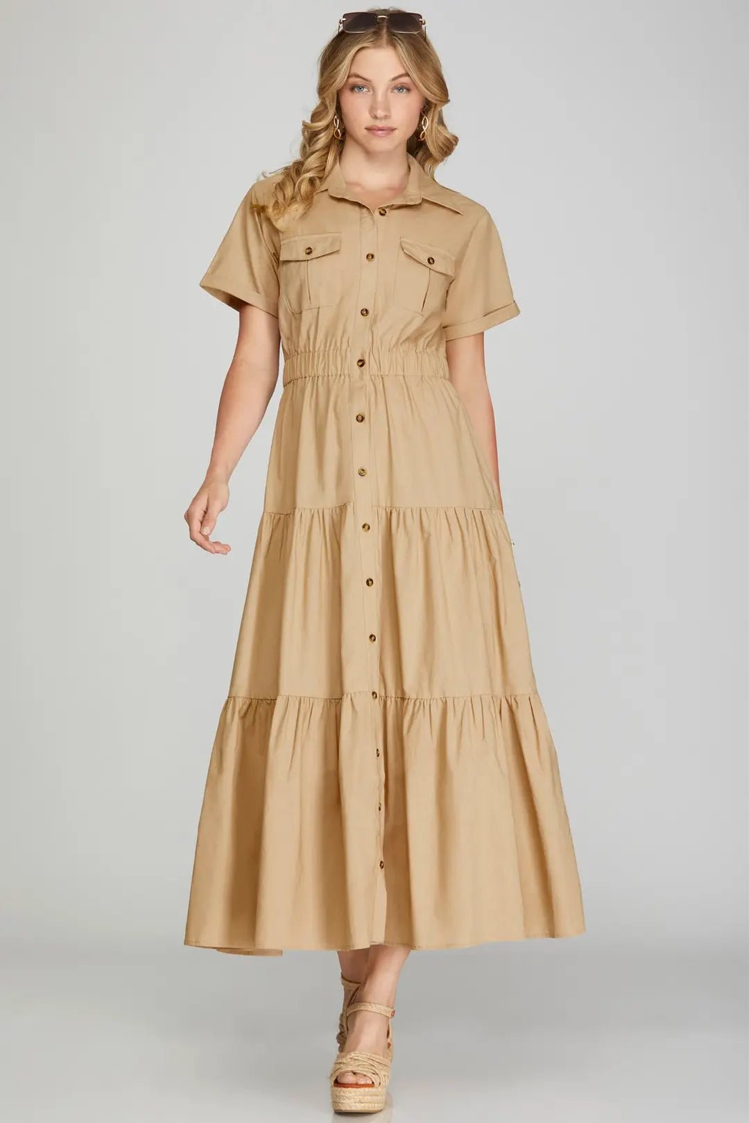 she sky maxi dress Button-Down Tiered Maxi Dress - She + Sky