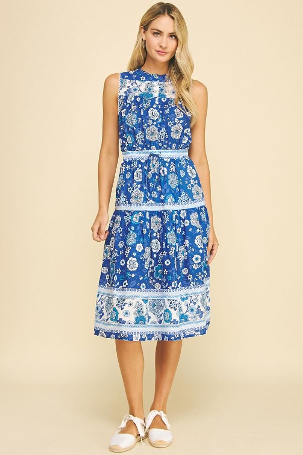 Contrast Floral Midi Dress W/Tie Waist - Pinch - Lush Lemon Blue / L Contrast Floral Midi Dress W/Tie Waist - Pinch - Lush Lemon Blue / L