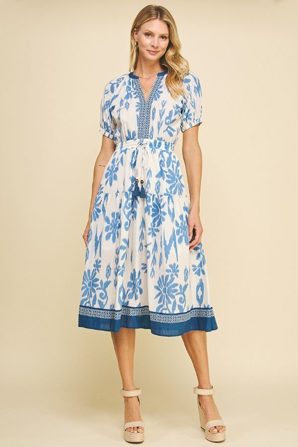 Contrast Floral Print Midi Dress W/Self-Tie - Pinch