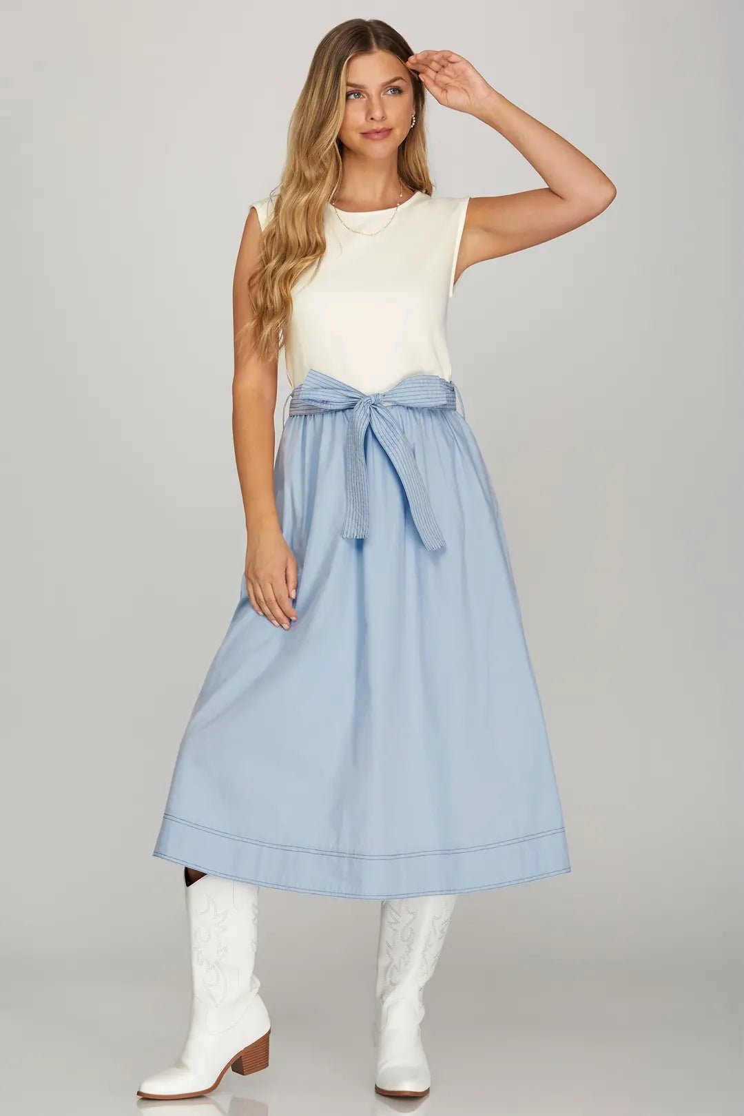 Drop Sleeve Midi Dress with Waist Tie - She + Sky - Lush Lemon Light Blue / L Drop Sleeve Midi Dress with Waist Tie - She + Sky - Lush Lemon Light Blue / L