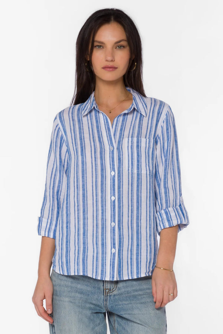 Elisa Blue Stripe Shirt - Lush Lemon - Women's Clothing - Velvet Hearts - 20619206191