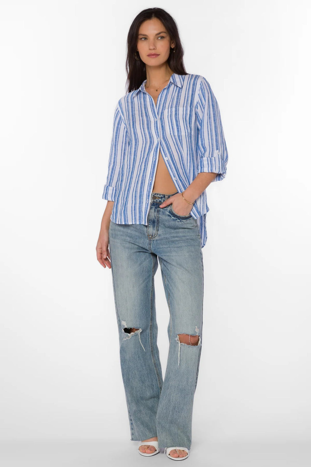 Elisa Blue Stripe Shirt - Lush Lemon - Women's Clothing - Velvet Hearts - 20619206191