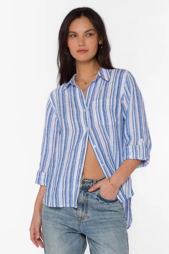 Elisa Blue Stripe Shirt - Lush Lemon - Women's Clothing - Velvet Hearts - 20619206191