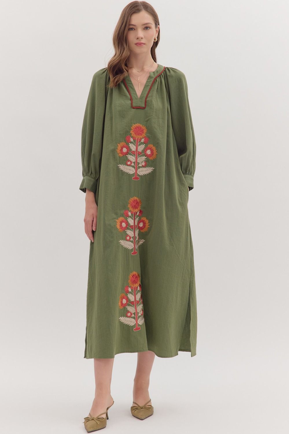 Embroidered Floral Maxi Dress W/Contrast Trim - Entro - Lush Lemon Olive / M Embroidered Floral Maxi Dress W/Contrast Trim - Entro - Lush Lemon Olive / M