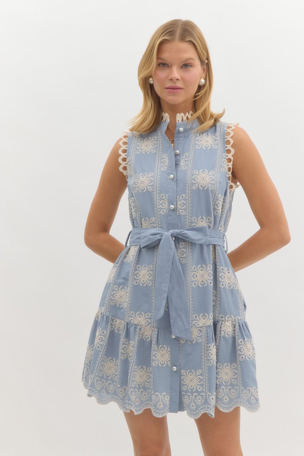 Embroidered Sleeveless Mini Dress W/Tie