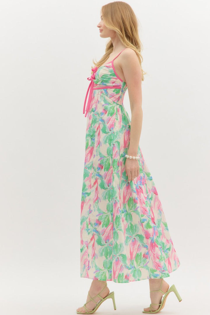 Empire Floral Bow Tie Midi Dress - Lush Lemon - Women's Clothing - Entro - 16661021007101