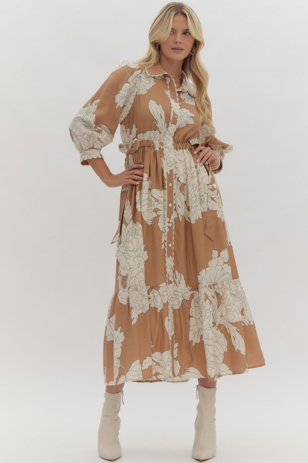 Floral Button-Up Midi Dress - Entro - Lush Lemon Floral Button-Up Midi Dress - Entro - Lush Lemon