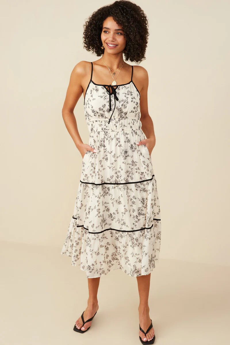 Floral Contrast Piped Tiered Dress - Lush Lemon - Women's Clothing - Hayden - 66711331054845