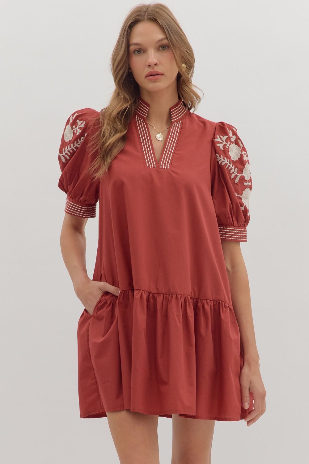 Floral Embroidered Tiered Mini Dress - Entro