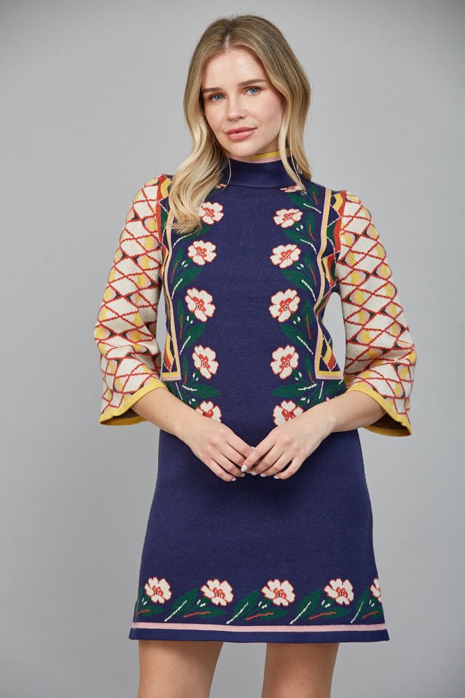 Floral Geo Jacquard Knit Sweater Dress