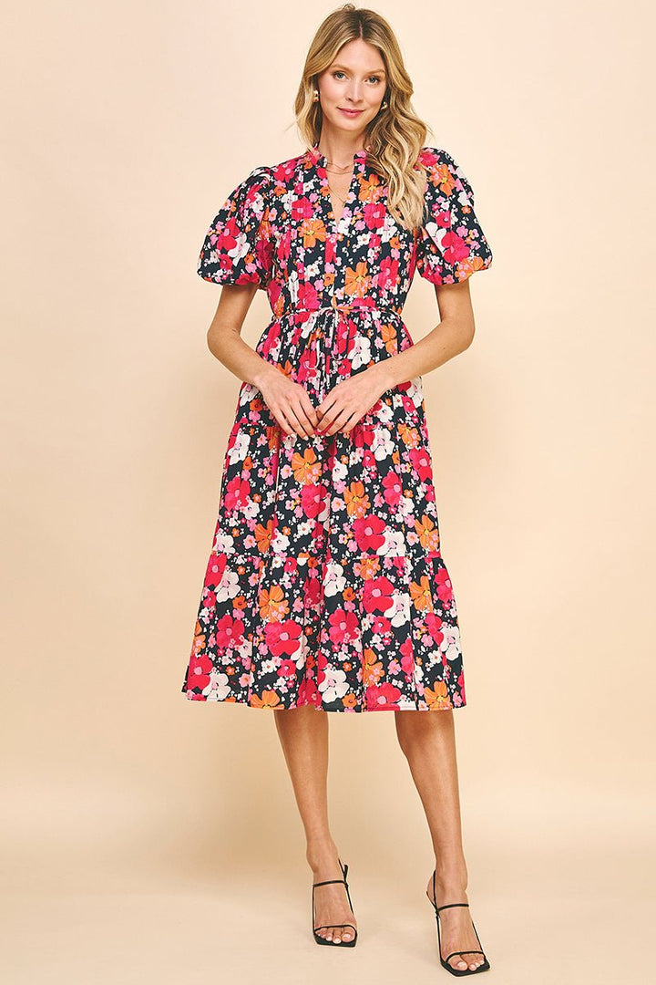 Floral Print Tiered Midi Dress - Lush Lemon - Women's Clothing - Pinch - 454745471