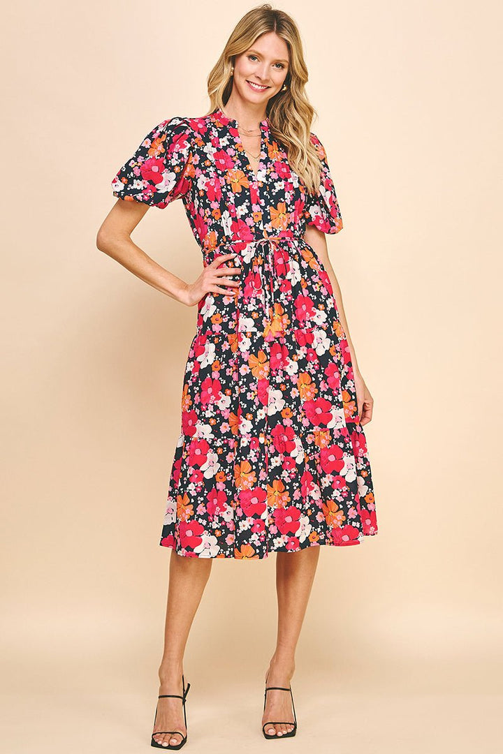 Floral Print Tiered Midi Dress - Lush Lemon - Women's Clothing - Pinch - 454745471