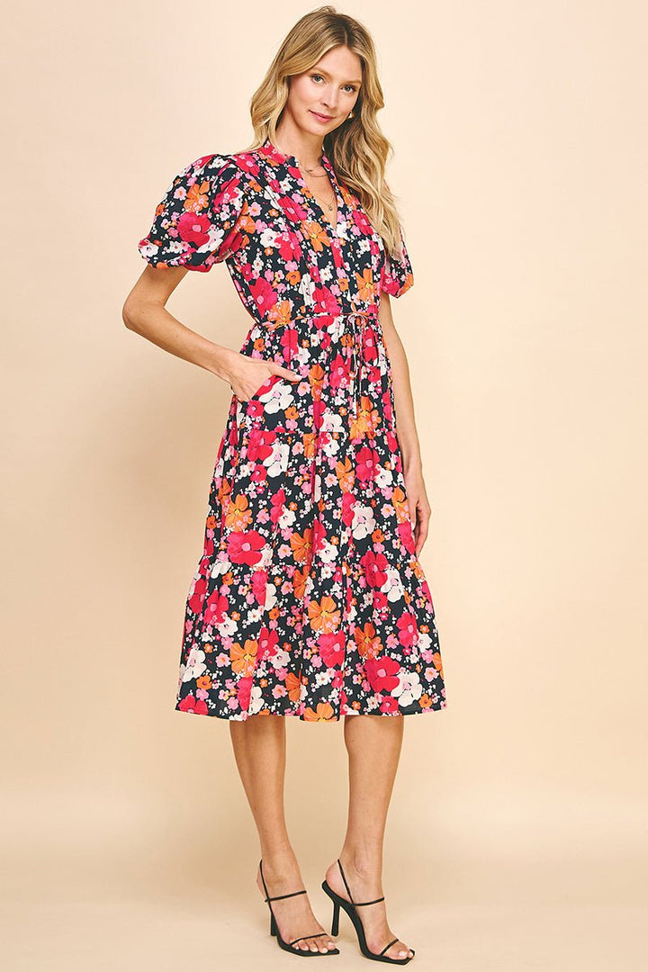 Floral Print Tiered Midi Dress - Lush Lemon - Women's Clothing - Pinch - 454745471