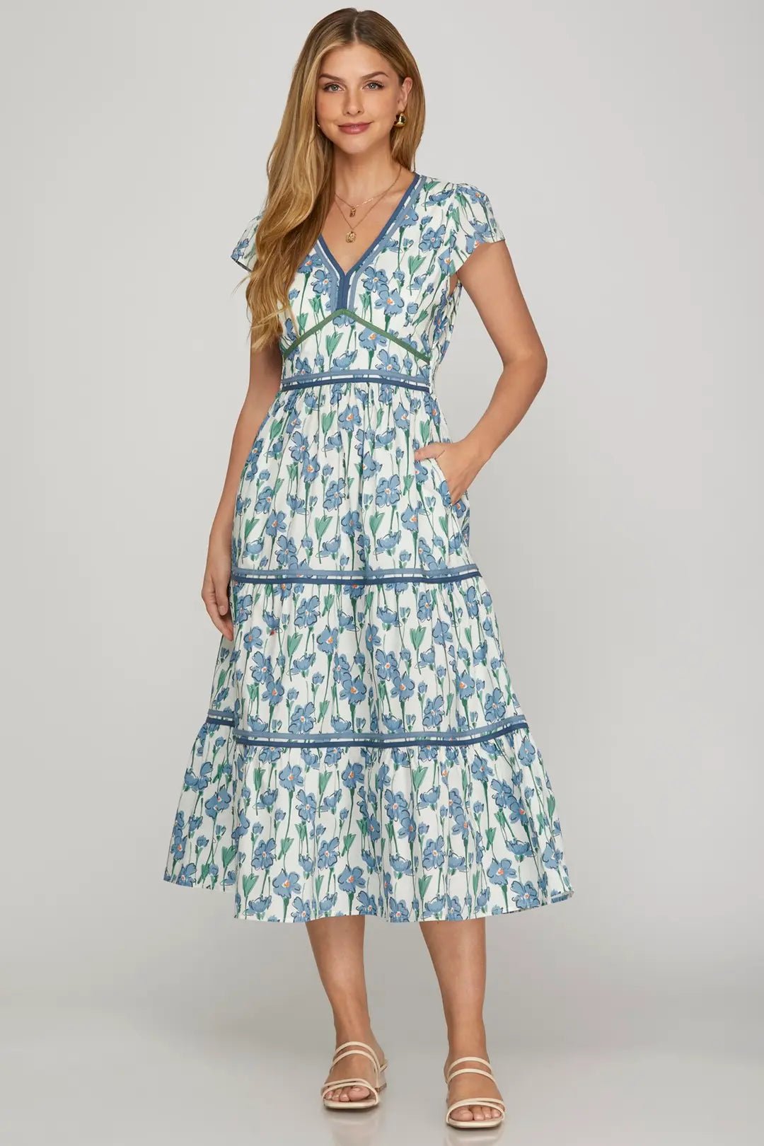 Floral Print Tiered Midi Dress - She + Sky - Lush Lemon Blue / L Floral Print Tiered Midi Dress - She + Sky - Lush Lemon Blue / L