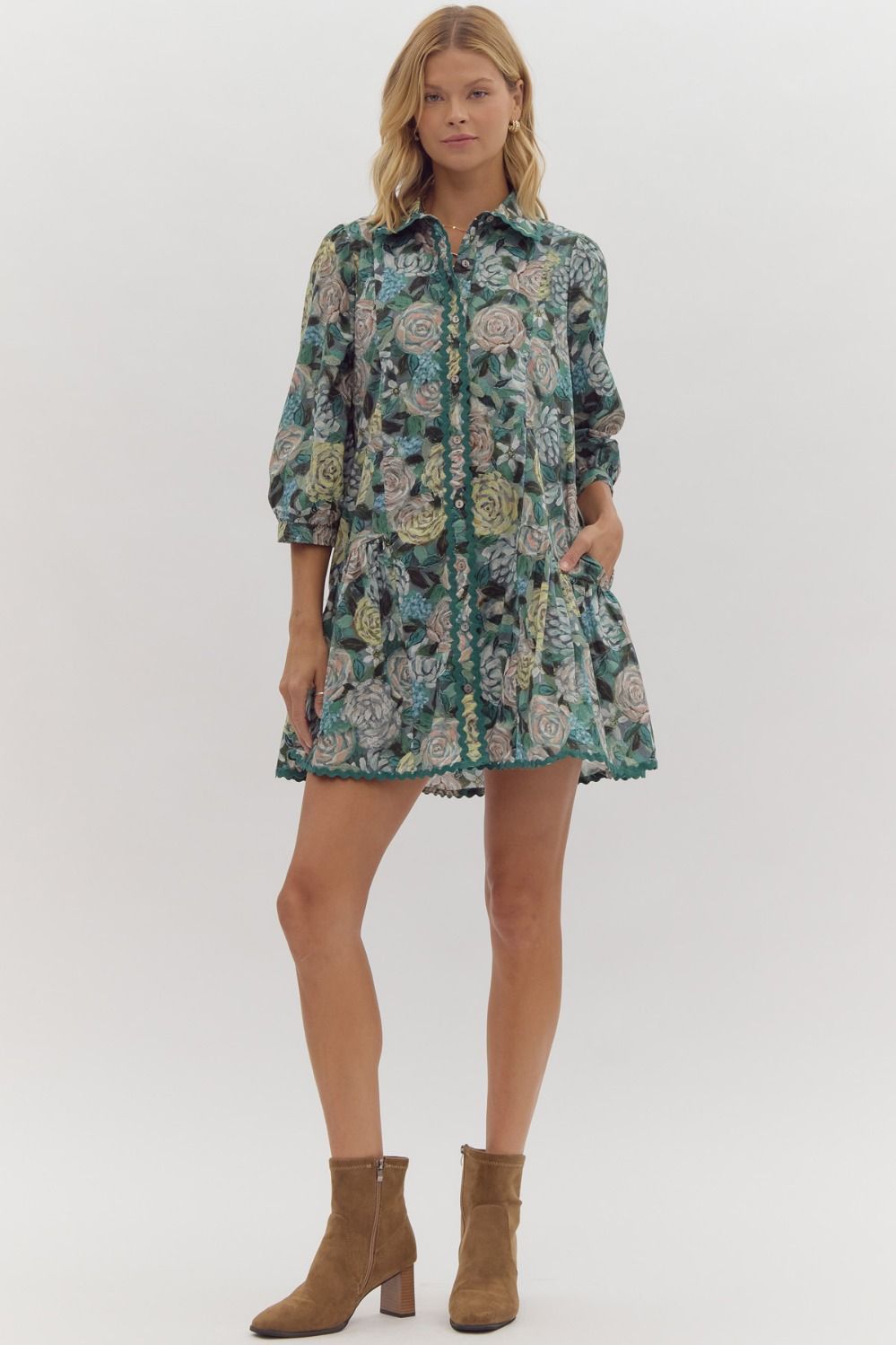 Floral Puff Sleeve Ric Rac Mini Dress W/Pockets - Entro - Lush Lemon