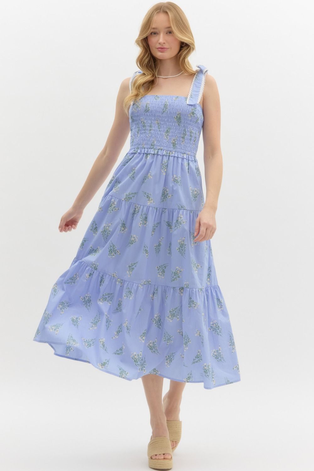 Floral Smocked Tie Shoulder Midi Dress - Entro - Lush Lemon Blue / L Floral Smocked Tie Shoulder Midi Dress - Entro - Lush Lemon Blue / L