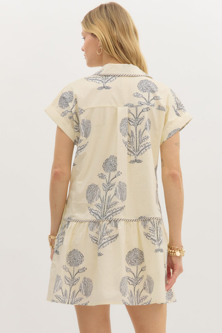 Floral Tiered Poplin Dress - Lush Lemon - Women's Clothing - Entro - 83032042829245