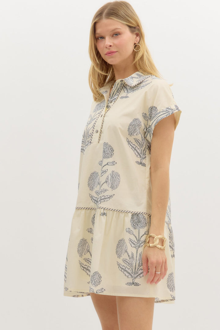 Floral Tiered Poplin Dress - Lush Lemon - Women's Clothing - Entro - 83032042829245