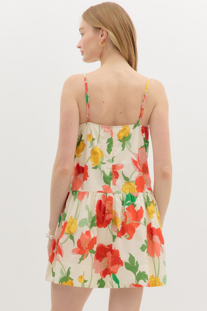 Floral U - Neck Mini Dress W/Pockets - Lush Lemon - Women's Clothing - Entro - 23881151059485