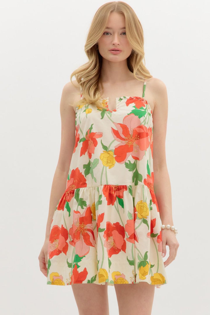 Floral U - Neck Mini Dress W/Pockets - Lush Lemon - Women's Clothing - Entro - 23881151059485