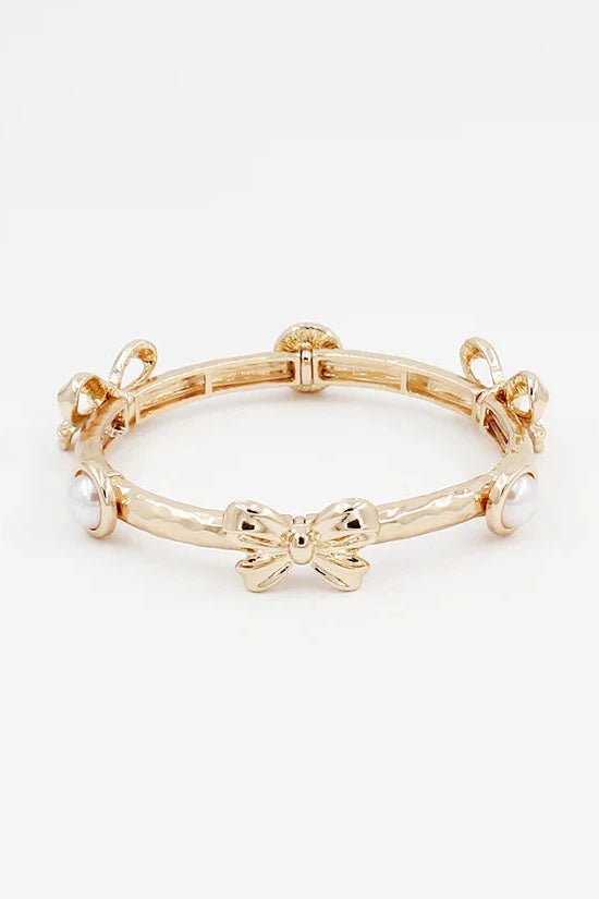 Gold Bow & Pearl Stretch Bracelet - Lush Lemon - Women's Accessories - Whats Hot Jewelry - 65295601036765