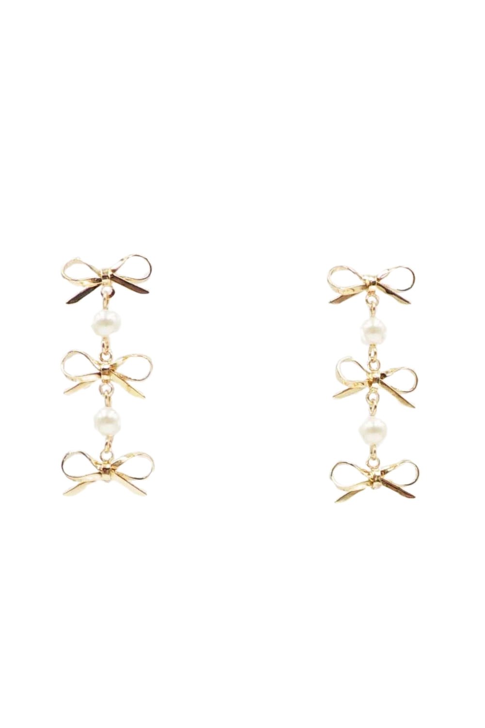 Gold Bow & Pearl Triple Drop Earring - Lush Lemon - Women's Accessories - Whats Hot Jewelry - 72754621085789