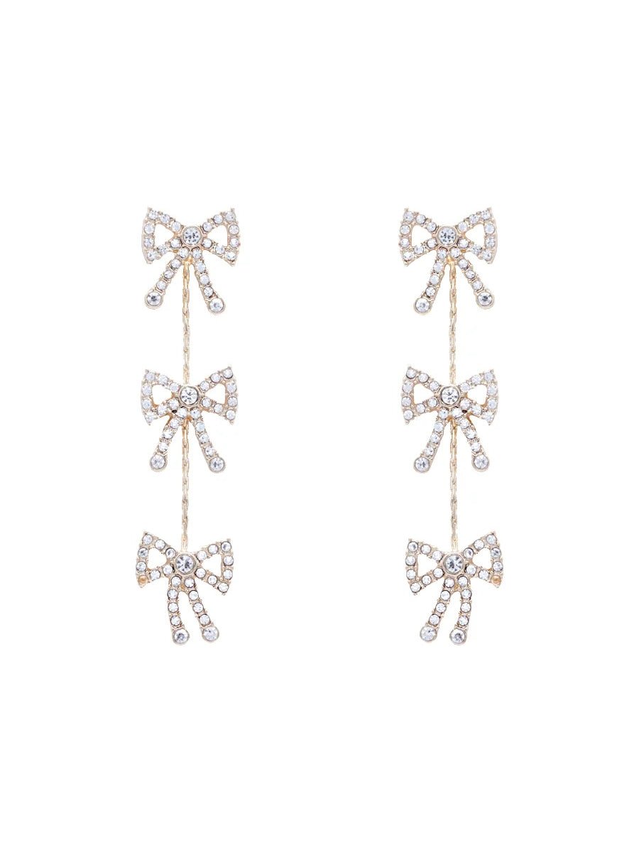 Gold Rhinestone Triple Bow Drop Earrings - Lush Lemon - Women's Accessories - Whats Hot Jewelry - 71584361093245