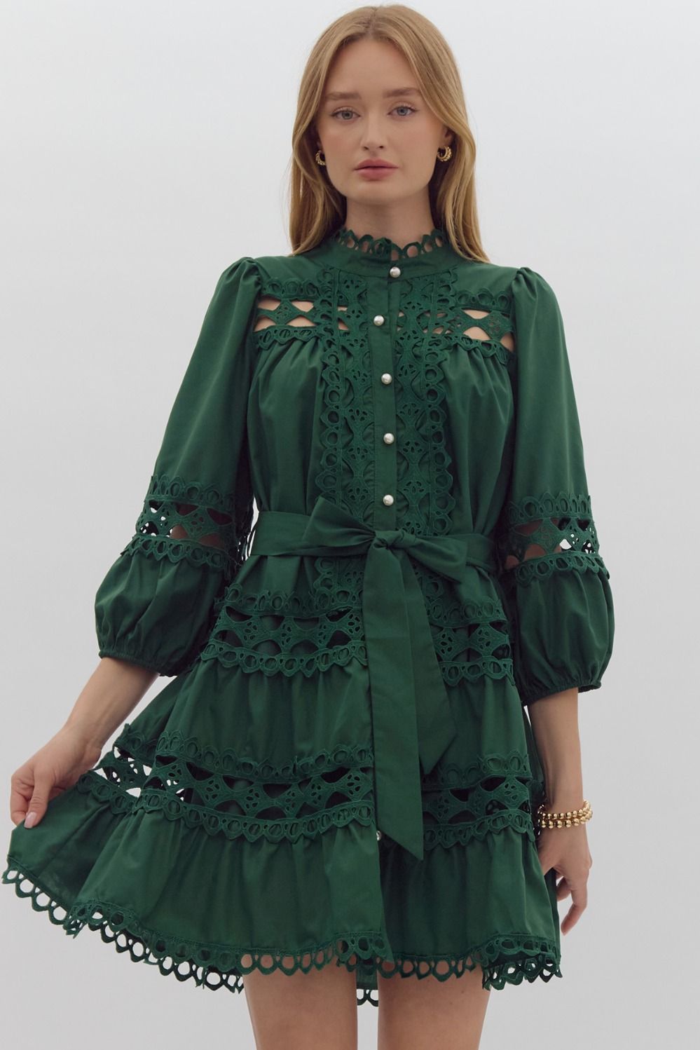 【BAON】Shrim Lace Button Pintuck Frill Layered Midi OP Blue Zone Planet | Aria's Off-the-shoulder Guipure Lace Paneled