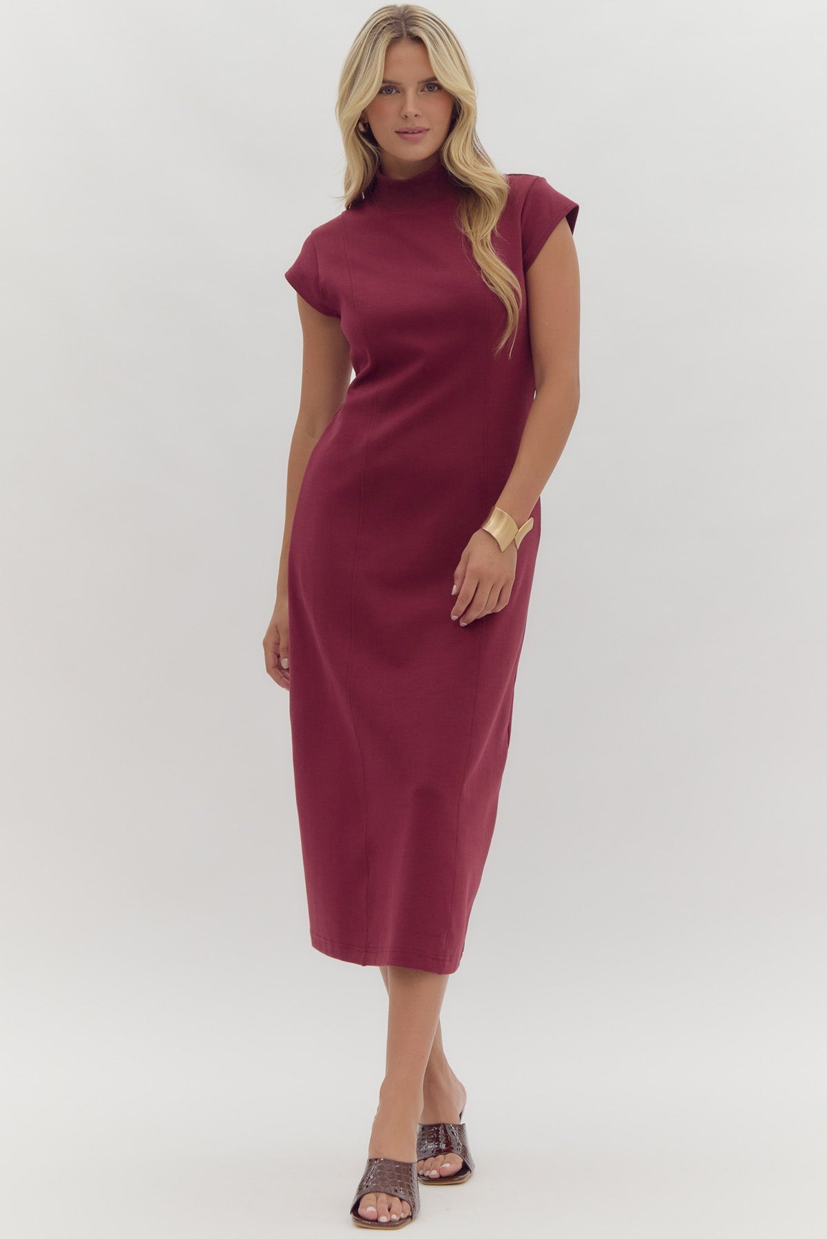 Mock Neck Midi Dress W/Cap Sleeves - Entro