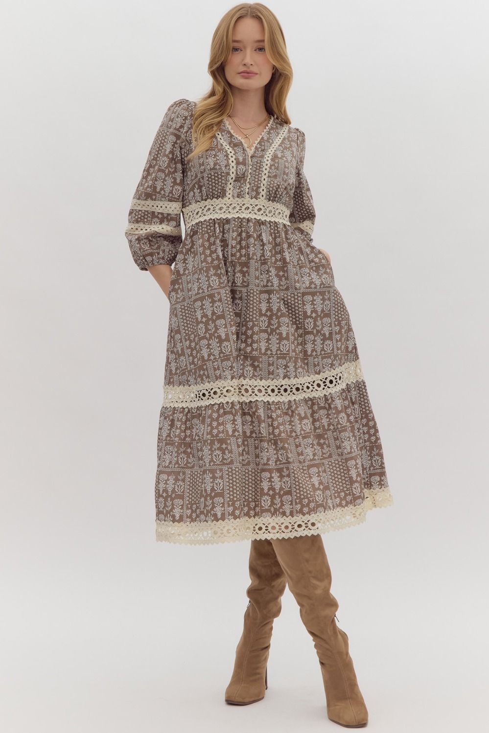 Printed Lace Trim Midi Dress - Entro - Lush Lemon