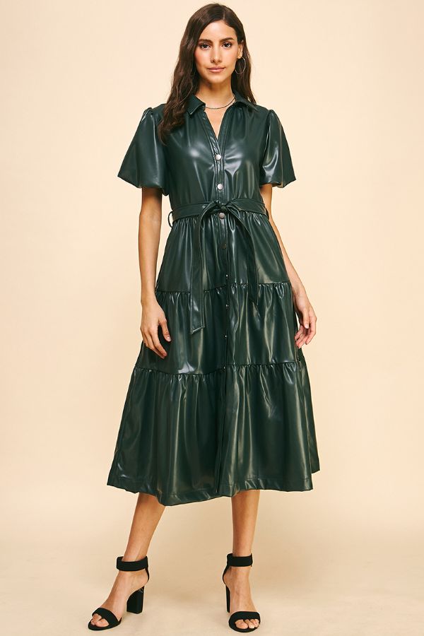 PU Leather Tiered Midi Dress - Pinch - Lush Lemon Hunter Green / L PU Leather Tiered Midi Dress - Pinch - Lush Lemon Hunter Green / L
