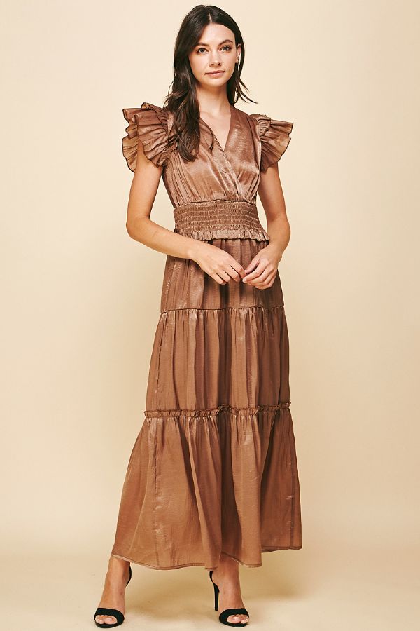 fitted lace wedding dress Satin Tiered Smocked Waist Maxi Dress - Pinch
