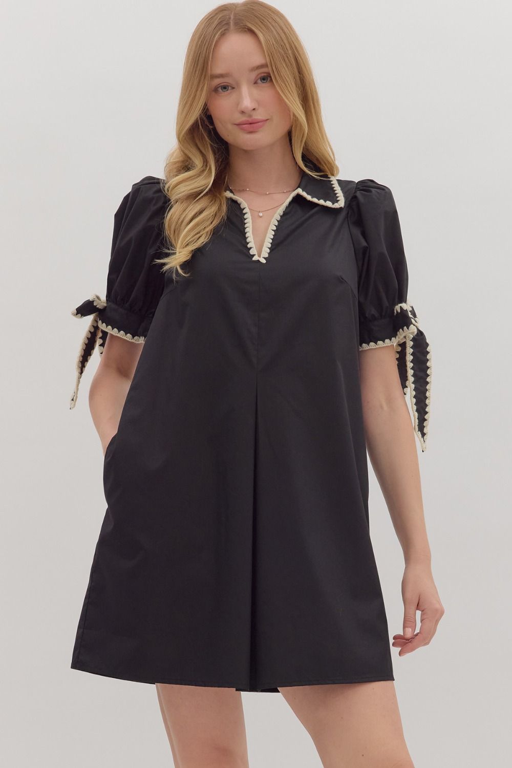 Scallop Trim Puff Sleeve Mini Dress - Entro