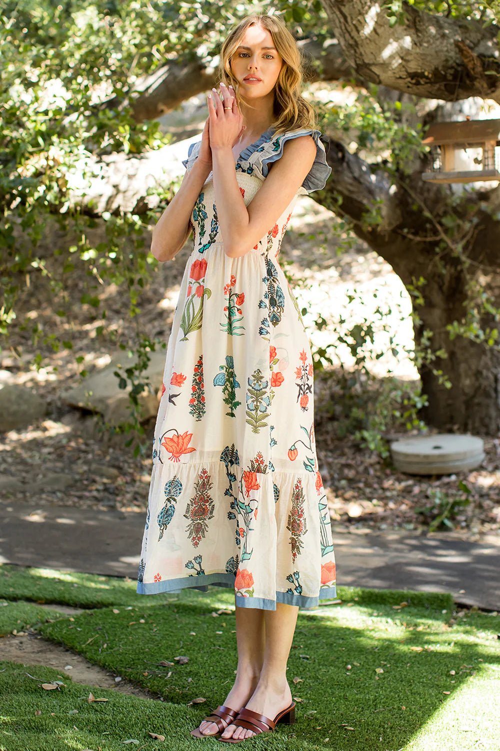 Smocked Flower Print Dress - Lush Lemon - Women's Clothing - THML - 24551245511