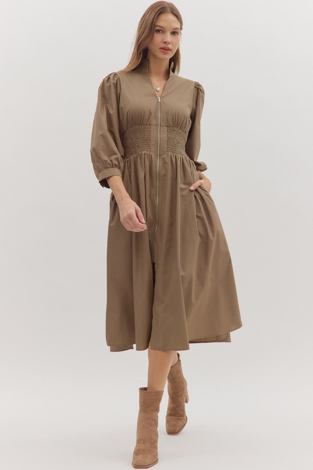 chinese dress ladies Smocked Waist Puff Sleeve Midi Dress - Entro
