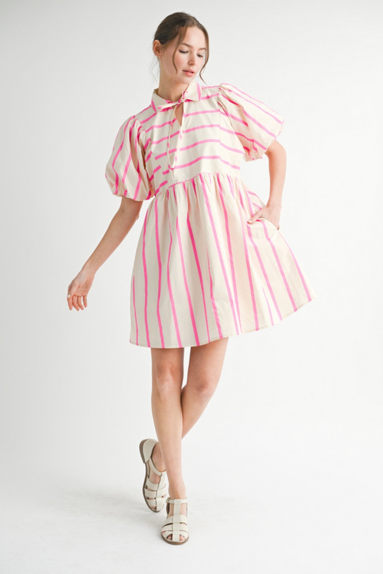 Striped Puff Sleeve Babydoll Dress