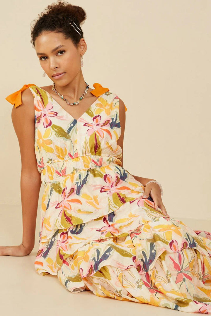 Textured Floral Tiered V - Neck Dress - Lush Lemon - Women's Clothing - Hayden - 74824651086365