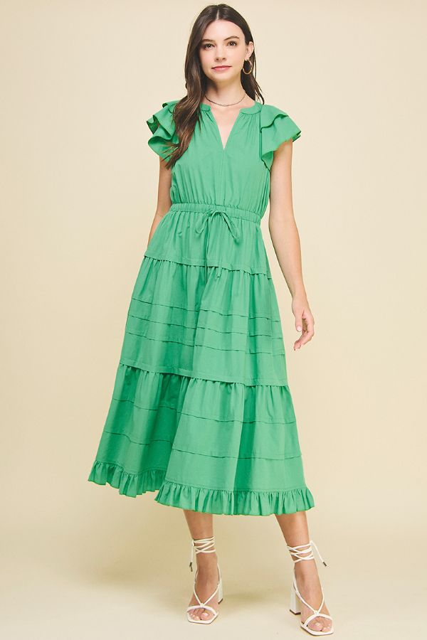 Tiered Maxi Dress W/Flutter Sleeves - Pinch - Lush Lemon Tiered Maxi Dress W/Flutter Sleeves - Pinch - Lush Lemon
