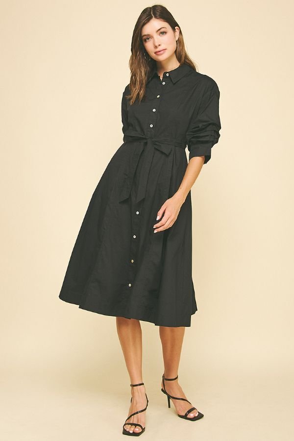 Tucked Sleeve Button Down Midi Dress - Pinch - Lush Lemon Ink / L Tucked Sleeve Button Down Midi Dress - Pinch - Lush Lemon Ink / L