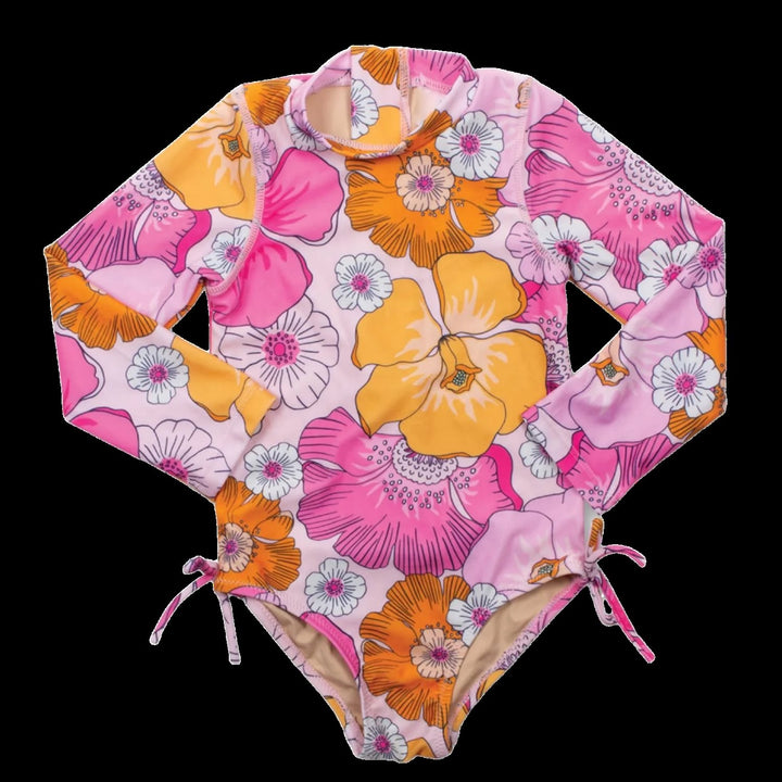 Blooming Hibiscus Girls One Piece Long Sleeve Swimsuit - Lush Lemon - Children's Clothing - Shade Critters - 841713103103