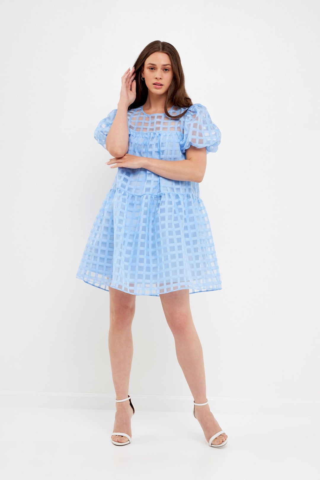 Gridded Puff Sleve Dress - Lush Lemon - Women's Clothing - Endless Rose - 192934477130