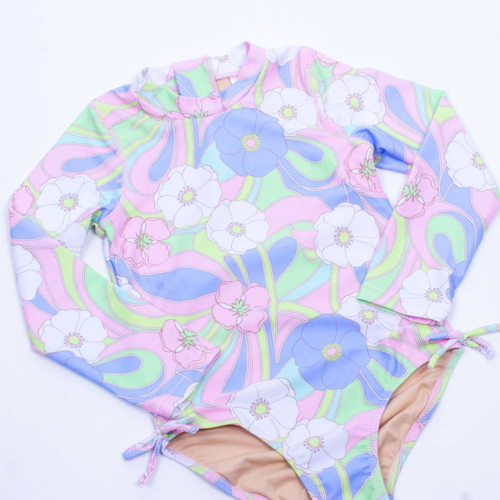 Groovy Daisy Swirl Girls One Piece Long Sleeve Swimsuit - Lush Lemon - Children's Clothing - Shade Critters - 841713105282