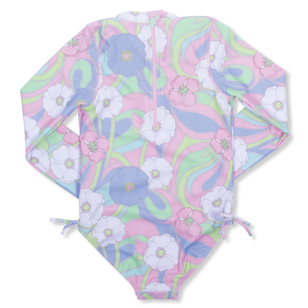 Groovy Daisy Swirl Girls One Piece Long Sleeve Swimsuit - Lush Lemon - Children's Clothing - Shade Critters - 841713105282