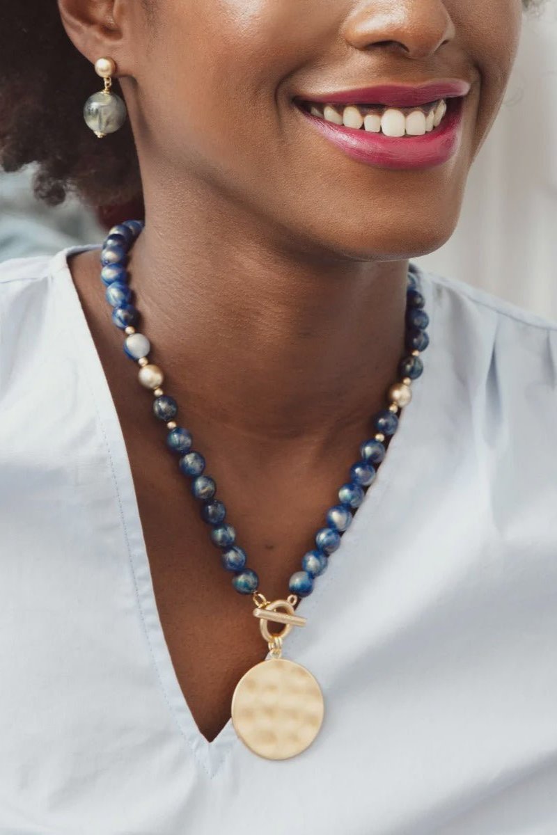 Iridescent Beaded Collar Necklace W/ Gold Medallion - Lush Lemon - Women's Accessories - Zenzii - 11672