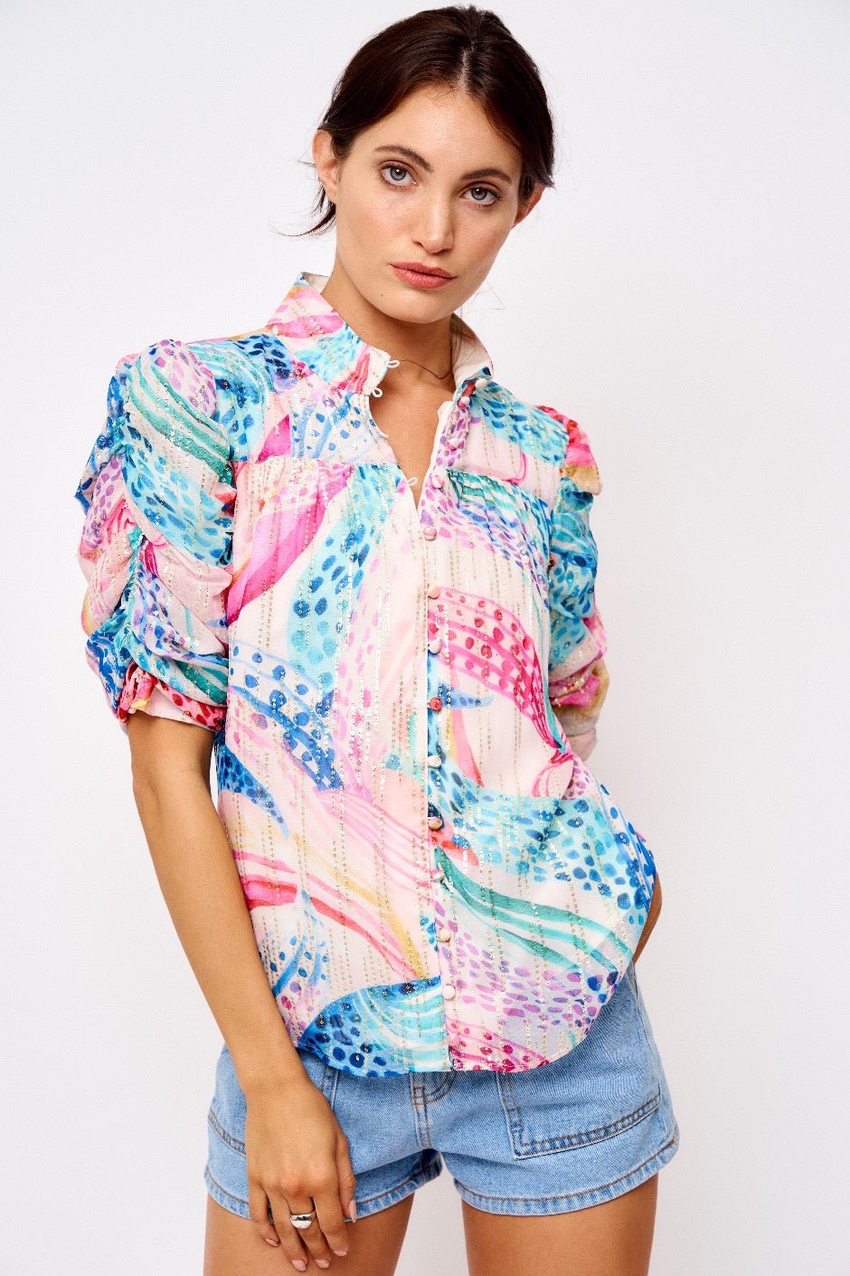 Maggie Floral Printed Ruched Sleeve Shirt - Lush Lemon - Women's Clothing - Ciebon - 13053