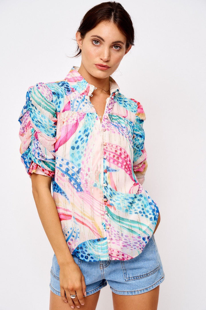 Maggie Floral Printed Ruched Sleeve Shirt - Lush Lemon - Women's Clothing - Ciebon - 13053